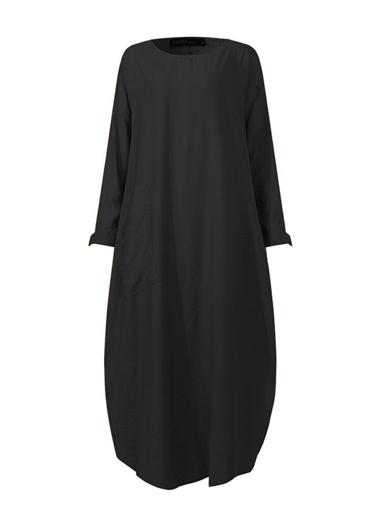 Vestido Maxi Informal De Manga Larga Con Cuello En O De Color Liso Para Mujer Bata Dividida Kaftan Con Bolsillo