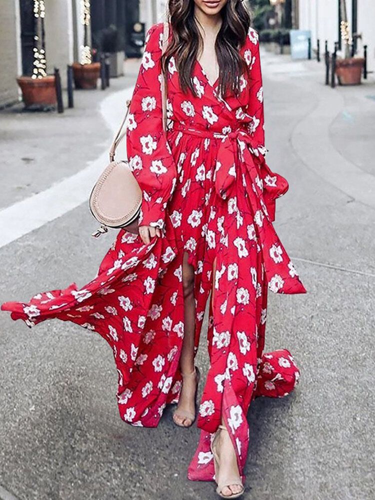 Vestido Maxi Informal De Manga Larga Con Cuello En V Con Cordones Y Estampado Floral Para Mujer