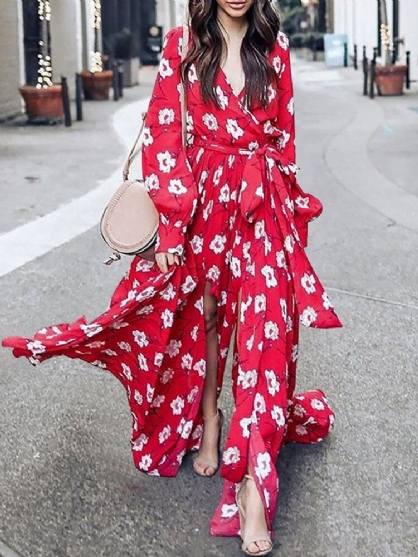 Vestido Maxi Informal De Manga Larga Con Cuello En V Con Cordones Y Estampado Floral Para Mujer