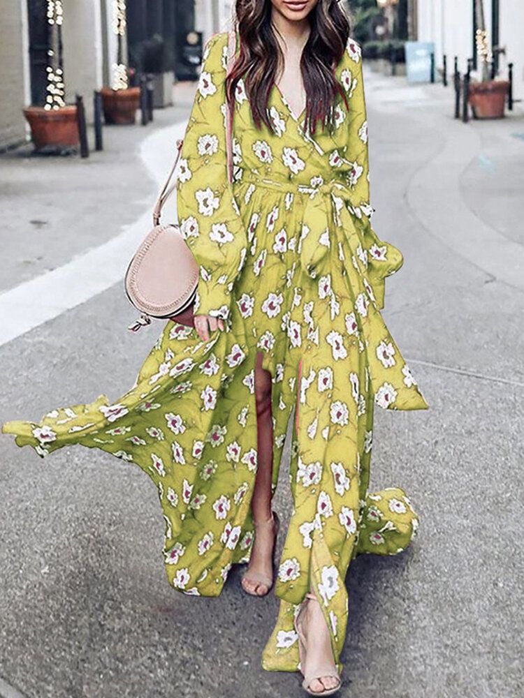 Vestido Maxi Informal De Manga Larga Con Cuello En V Con Cordones Y Estampado Floral Para Mujer