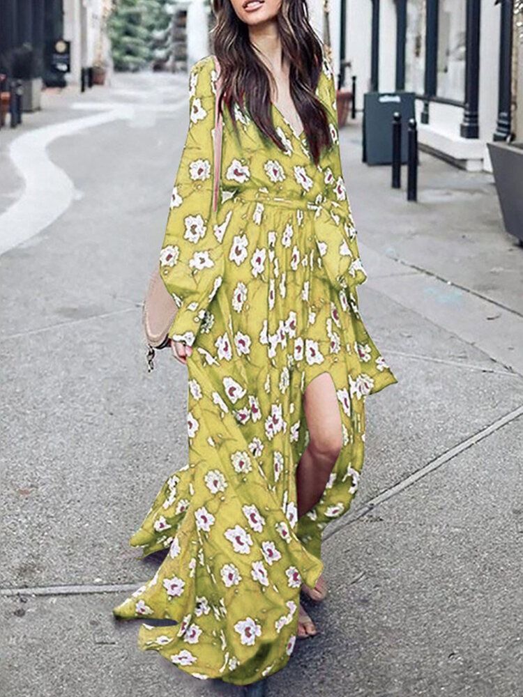 Vestido Maxi Informal De Manga Larga Con Cuello En V Con Cordones Y Estampado Floral Para Mujer