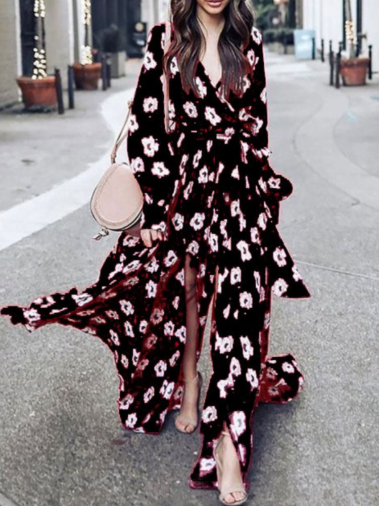 Vestido Maxi Informal De Manga Larga Con Cuello En V Con Cordones Y Estampado Floral Para Mujer