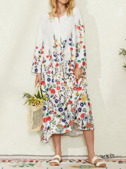 Vestido Maxi Informal De Manga Larga Con Estampado De Lunares Y Flores Para Mujer