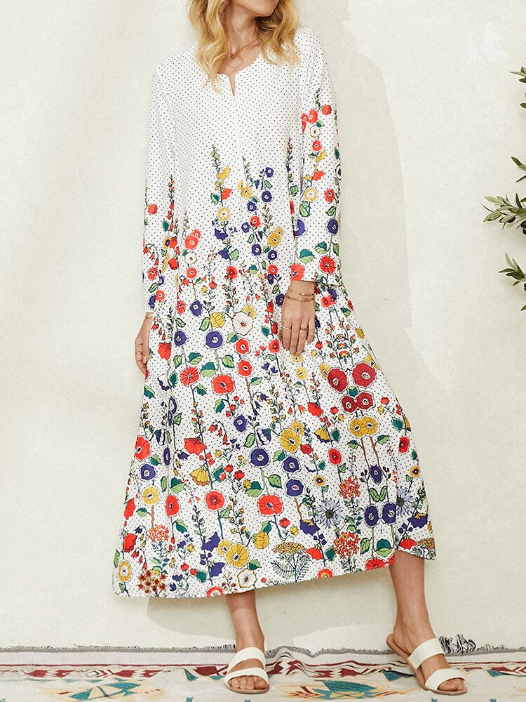 Vestido Maxi Informal De Manga Larga Con Estampado De Lunares Y Flores Para Mujer