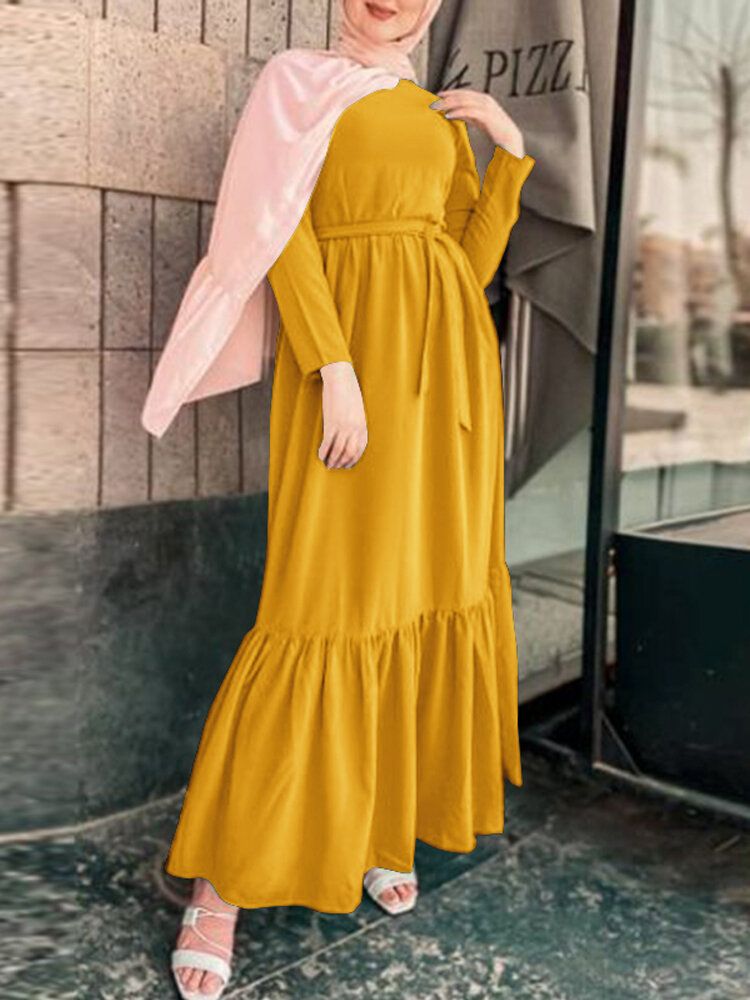 Vestido Maxi Informal De Manga Larga Suelta Con Cinturón Empalmado Plisado Vintage Para Mujer