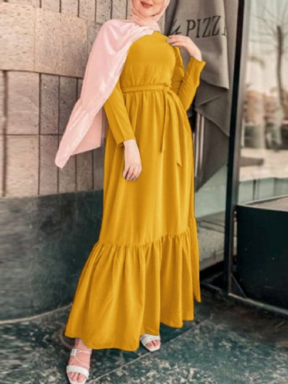 Vestido Maxi Informal De Manga Larga Suelta Con Cinturón Empalmado Plisado Vintage Para Mujer