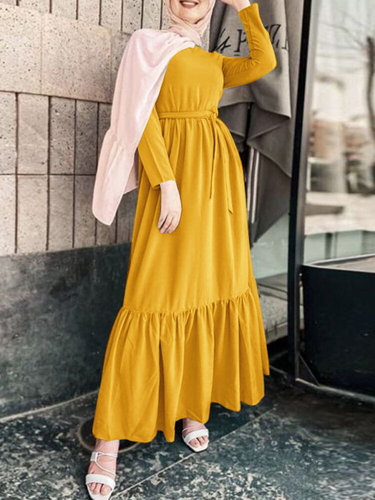 Vestido Maxi Informal De Manga Larga Suelta Con Cinturón Empalmado Plisado Vintage Para Mujer