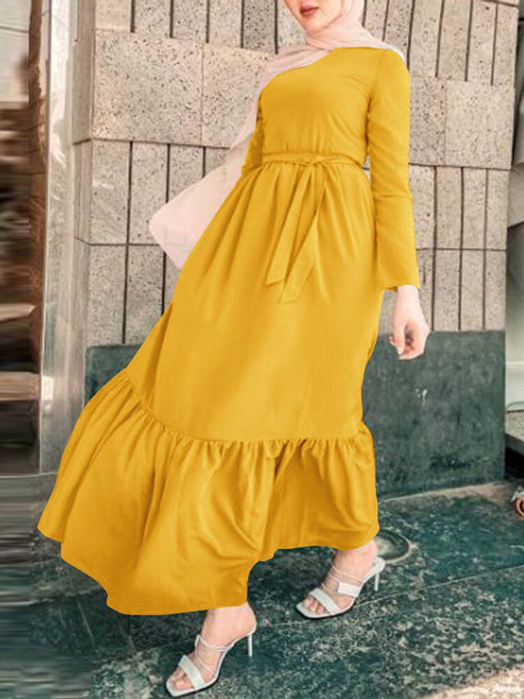 Vestido Maxi Informal De Manga Larga Suelta Con Cinturón Empalmado Plisado Vintage Para Mujer