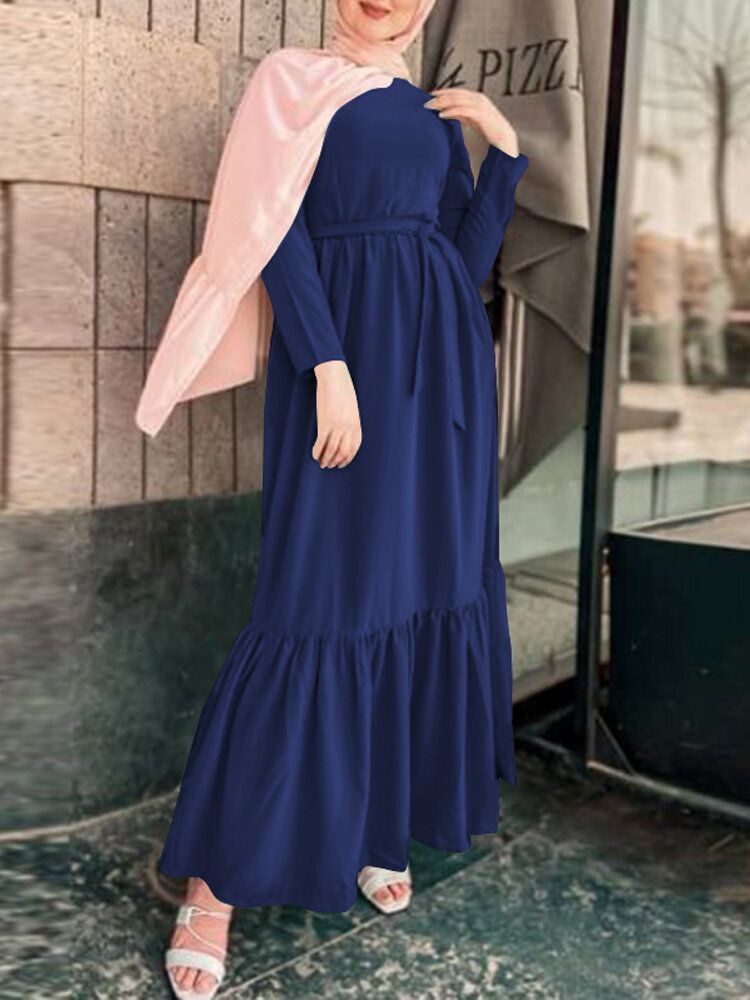 Vestido Maxi Informal De Manga Larga Suelta Con Cinturón Empalmado Plisado Vintage Para Mujer