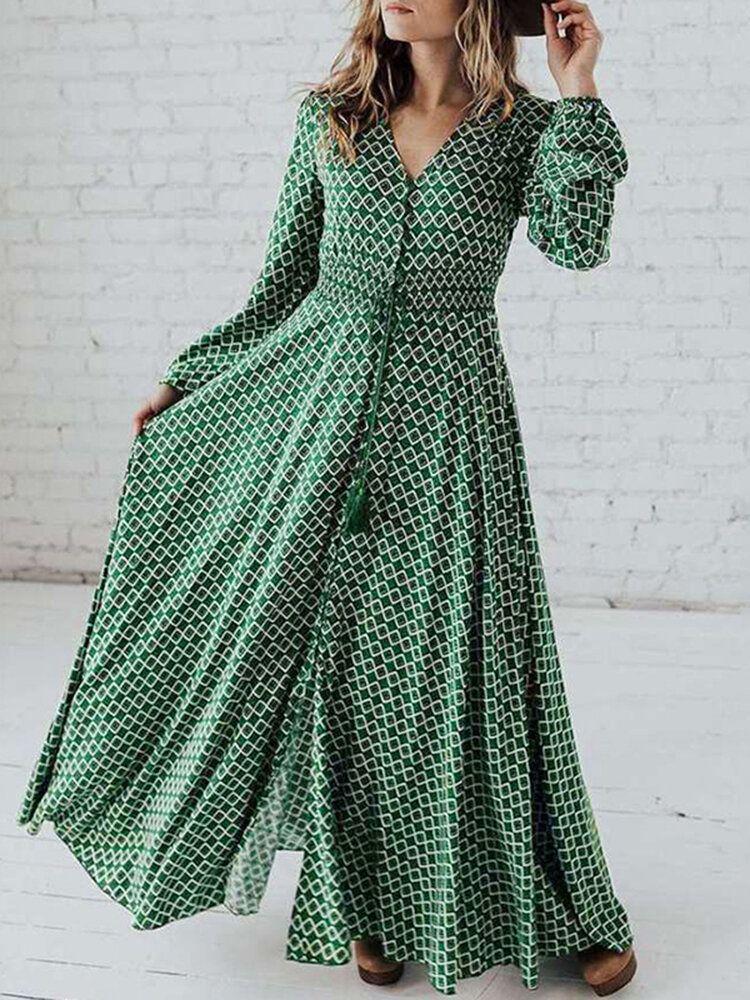 Vestido Maxi Informal Plisado Con Manga Larga Y Estampado Geométrico Con Cuello En V Y Manga Abullonada