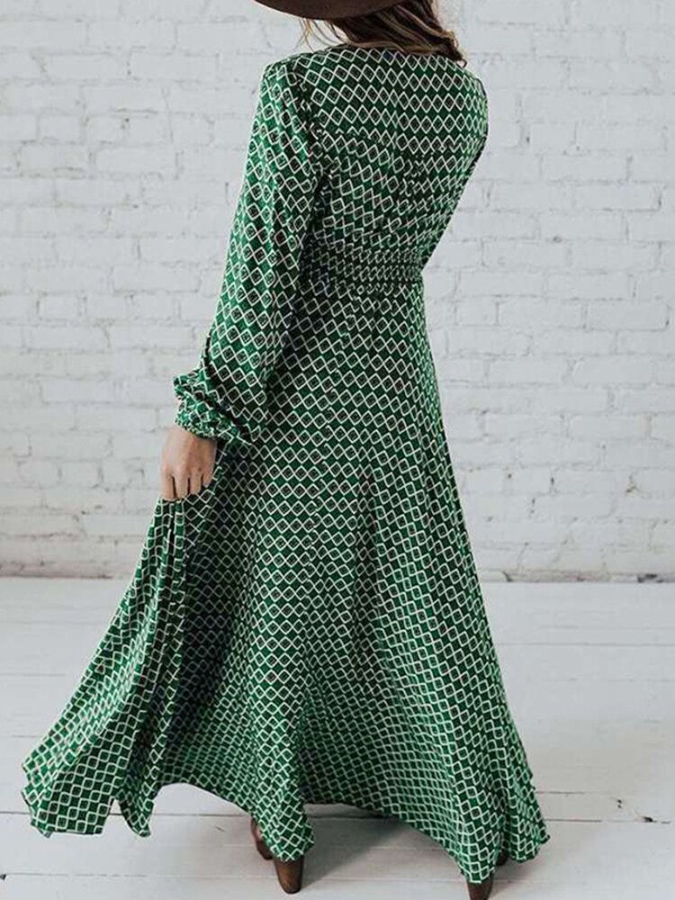 Vestido Maxi Informal Plisado Con Manga Larga Y Estampado Geométrico Con Cuello En V Y Manga Abullonada