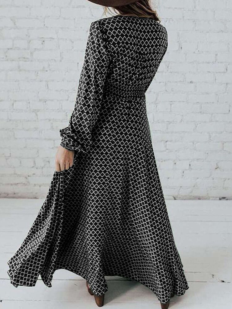 Vestido Maxi Informal Plisado Con Manga Larga Y Estampado Geométrico Con Cuello En V Y Manga Abullonada