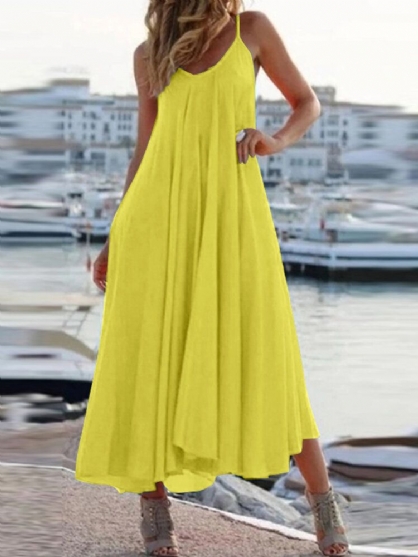 Vestido Maxi Informal Sin Mangas De Color Sólido Sin Mangas De Vacaciones