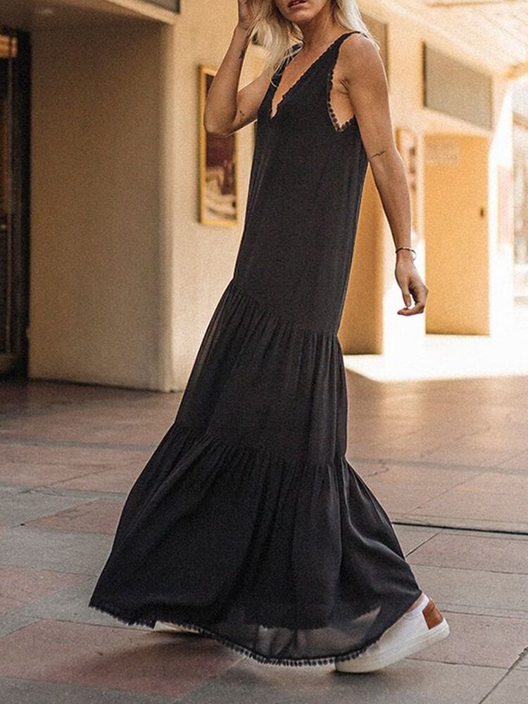 Vestido Maxi Informal Sin Mangas Con Cuello En V Y Costura De Encaje Para Mujer