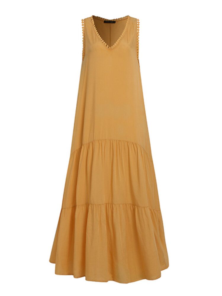 Vestido Maxi Informal Sin Mangas Con Cuello En V Y Costura De Encaje Para Mujer