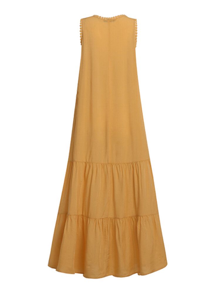 Vestido Maxi Informal Sin Mangas Con Cuello En V Y Costura De Encaje Para Mujer