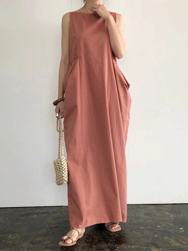 Vestido Maxi Informal Sin Mangas Con Diseño De Bolsillos Laterales De Color Sólido Elegante Para Mujer