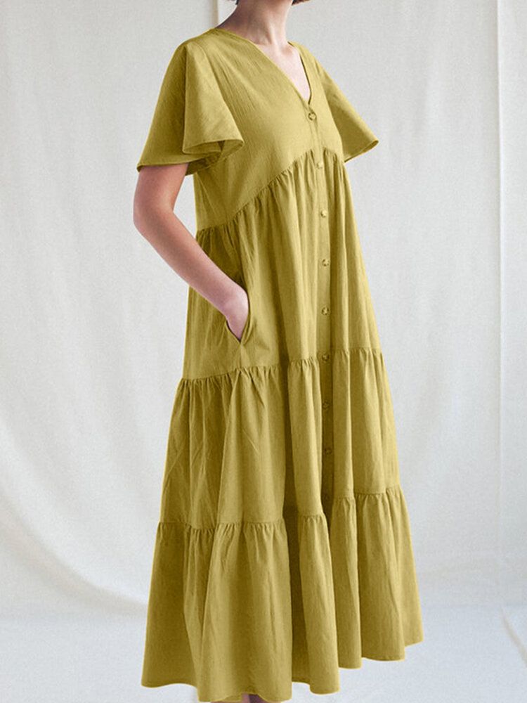 Vestido Maxi Informal Suelto Con Botones Plisados De Algodón Con Cuello En V De Color Sólido Para Mujer