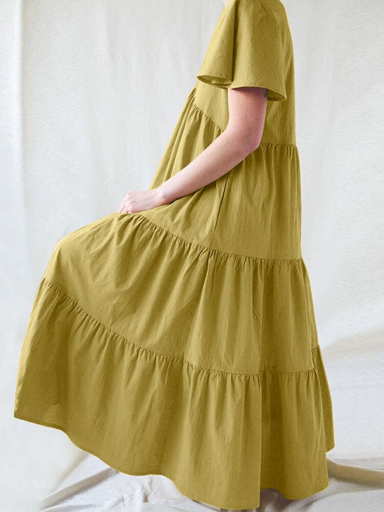 Vestido Maxi Informal Suelto Con Botones Plisados De Algodón Con Cuello En V De Color Sólido Para Mujer