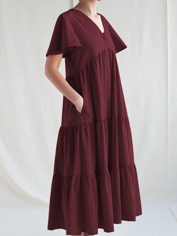 Vestido Maxi Informal Suelto Con Botones Plisados De Algodón Con Cuello En V De Color Sólido Para Mujer