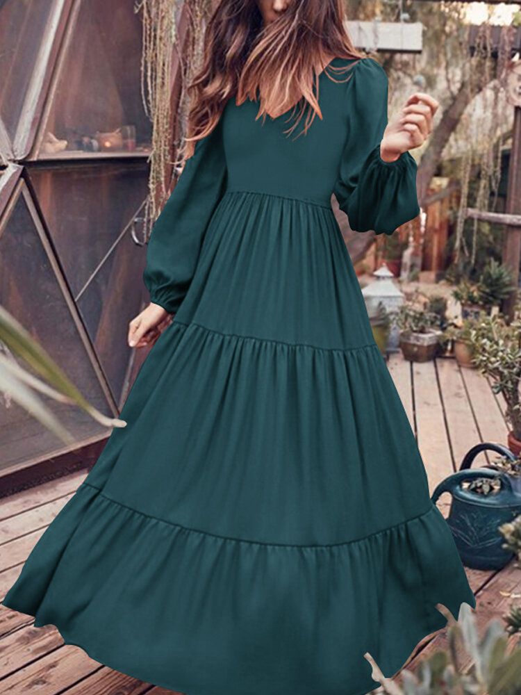 Vestido Maxi Informal Suelto Con Manga Abullonada En La Espalda Con Cremallera En La Espalda De Color Sólido Retro Para Mujer