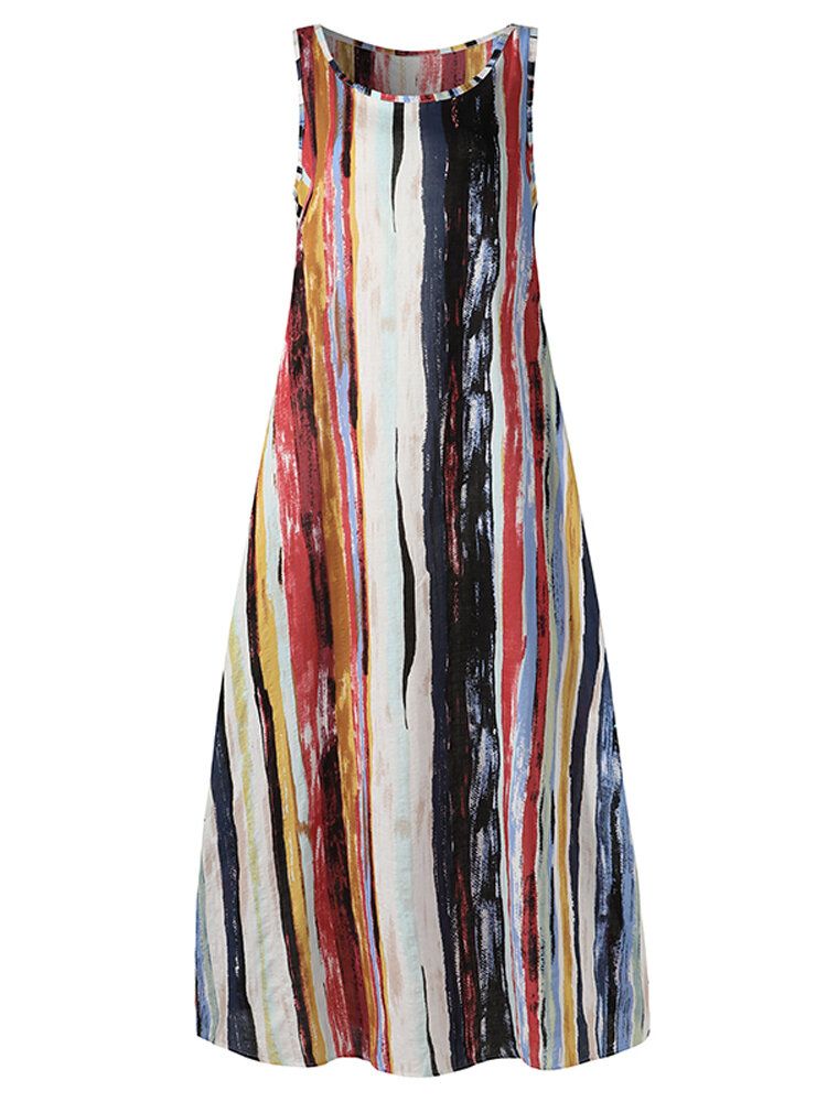 Vestido Maxi Informal Suelto Sin Mangas Con Estampado De Graffiti De Rayas De Colores De Algodón Para Mujer