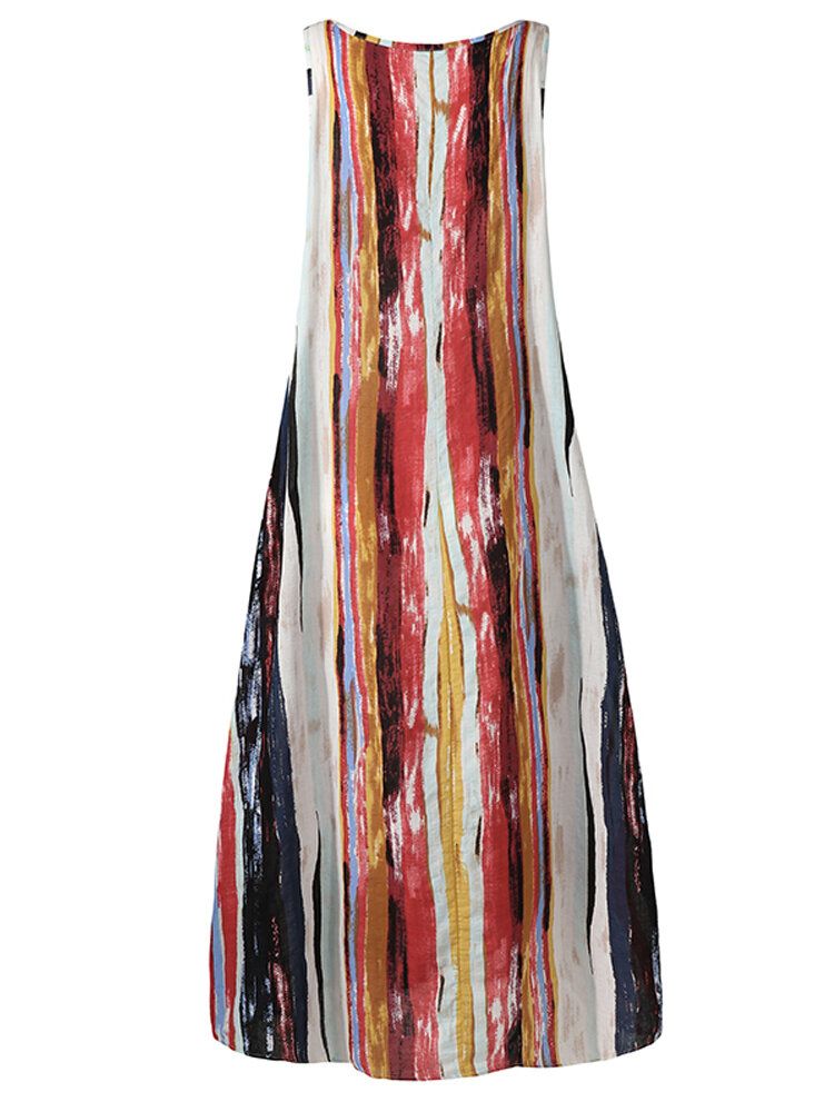 Vestido Maxi Informal Suelto Sin Mangas Con Estampado De Graffiti De Rayas De Colores De Algodón Para Mujer