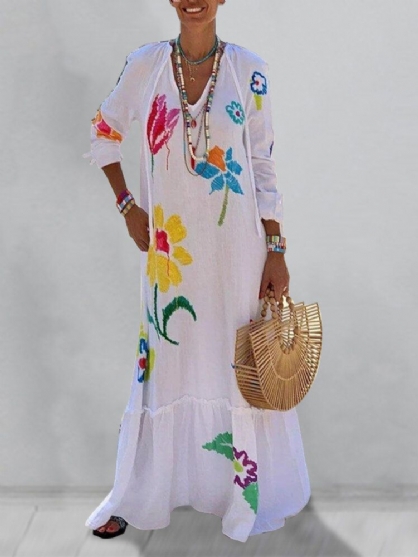 Vestido Maxi Informal De Vacaciones Con Cuello En V Y Manga Raglán Con Bordado De Flores Para Mujer