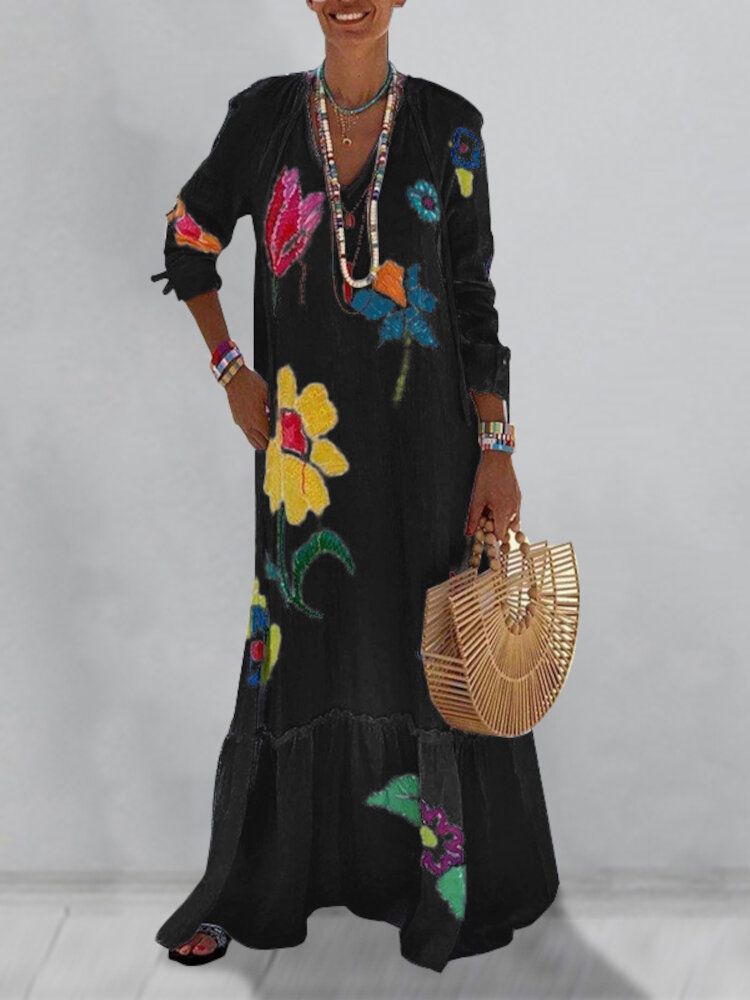 Vestido Maxi Informal De Vacaciones Con Cuello En V Y Manga Raglán Con Bordado De Flores Para Mujer