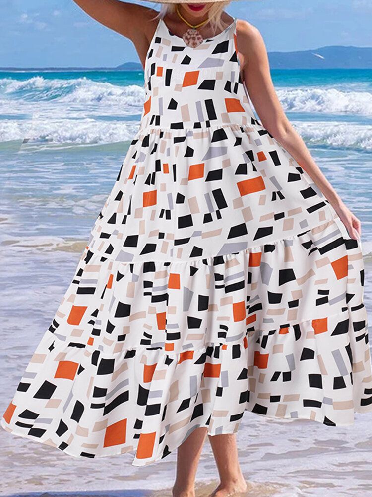 Vestido Maxi Informal De Vacaciones Con Estampado Geométrico Sin Mangas Con Tirantes Sin Mangas Para Mujer Bohemia