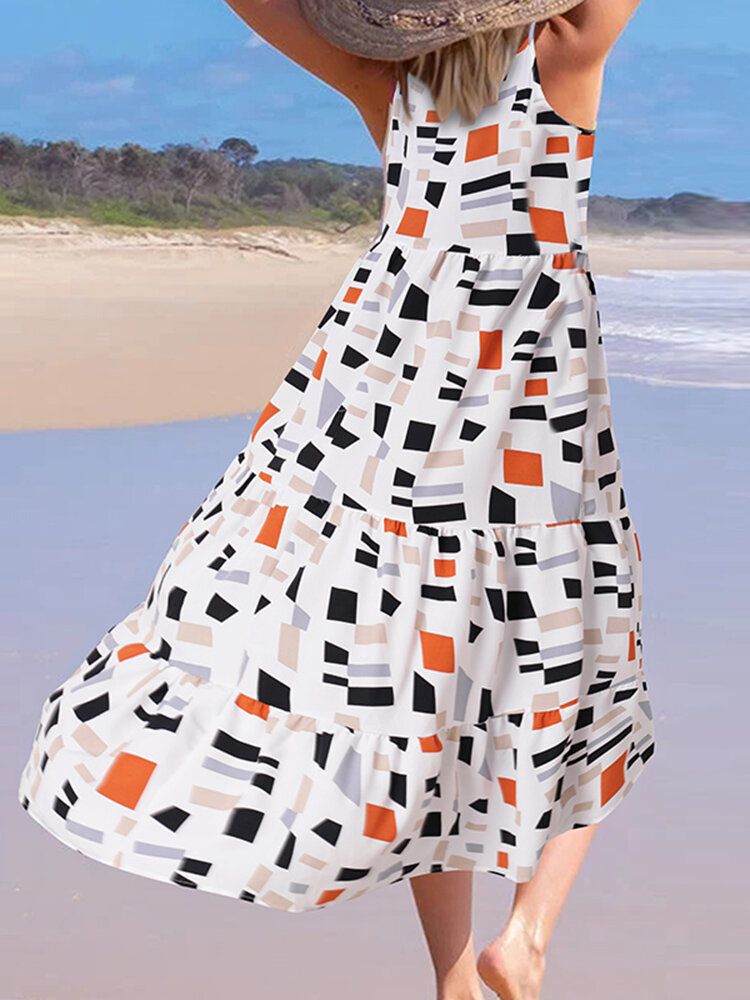 Vestido Maxi Informal De Vacaciones Con Estampado Geométrico Sin Mangas Con Tirantes Sin Mangas Para Mujer Bohemia