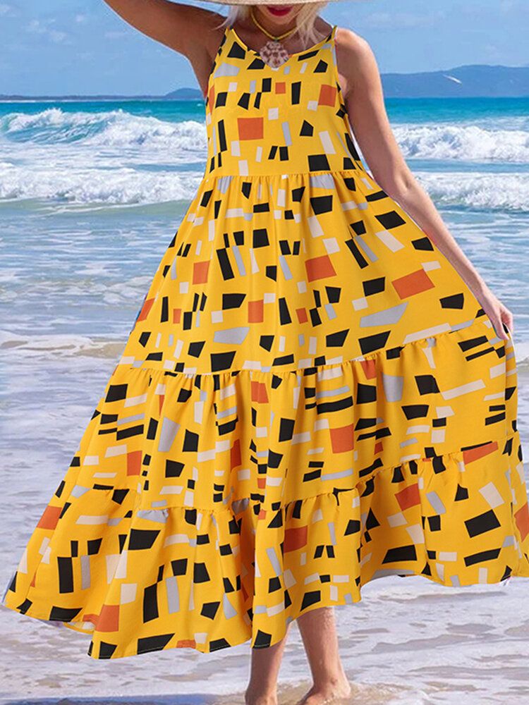 Vestido Maxi Informal De Vacaciones Con Estampado Geométrico Sin Mangas Con Tirantes Sin Mangas Para Mujer Bohemia