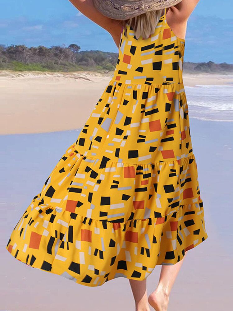 Vestido Maxi Informal De Vacaciones Con Estampado Geométrico Sin Mangas Con Tirantes Sin Mangas Para Mujer Bohemia