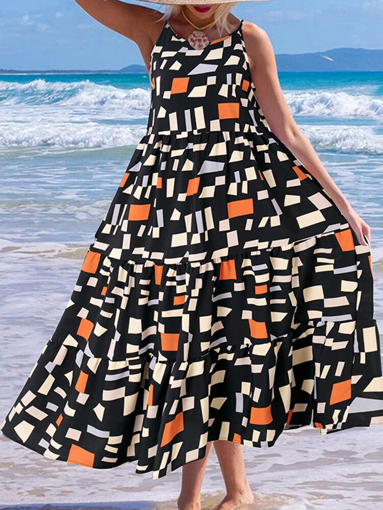 Vestido Maxi Informal De Vacaciones Con Estampado Geométrico Sin Mangas Con Tirantes Sin Mangas Para Mujer Bohemia