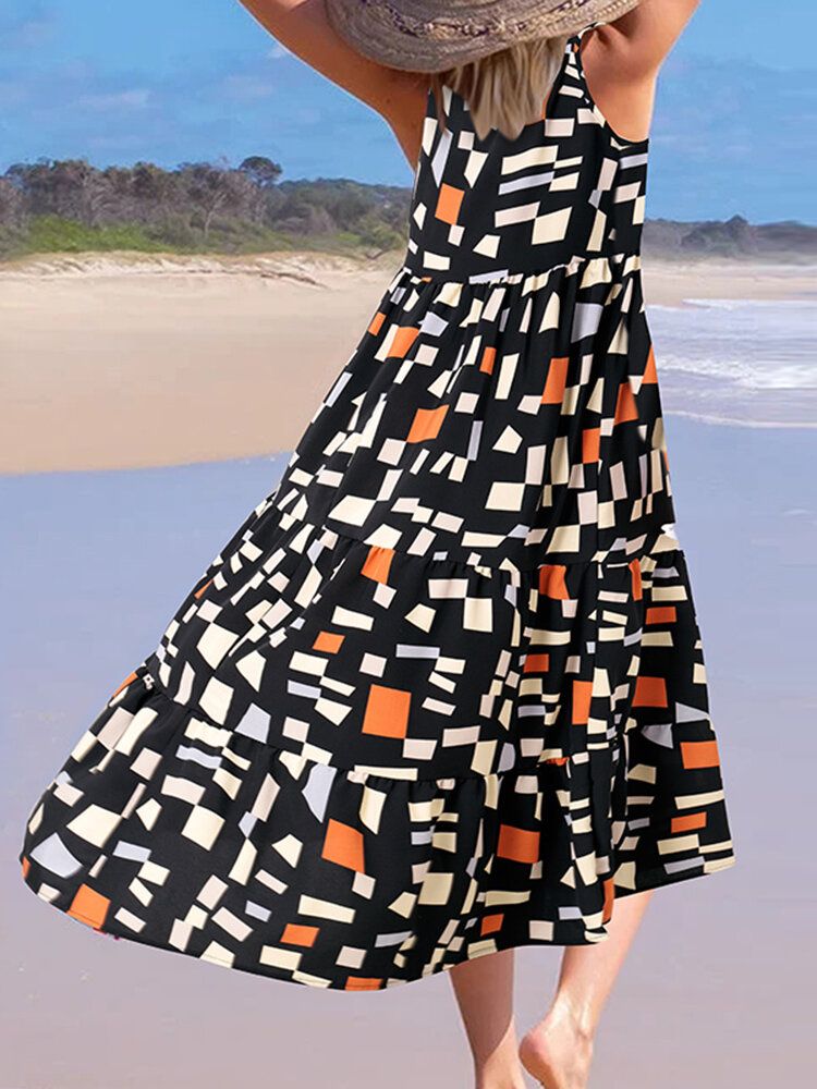 Vestido Maxi Informal De Vacaciones Con Estampado Geométrico Sin Mangas Con Tirantes Sin Mangas Para Mujer Bohemia