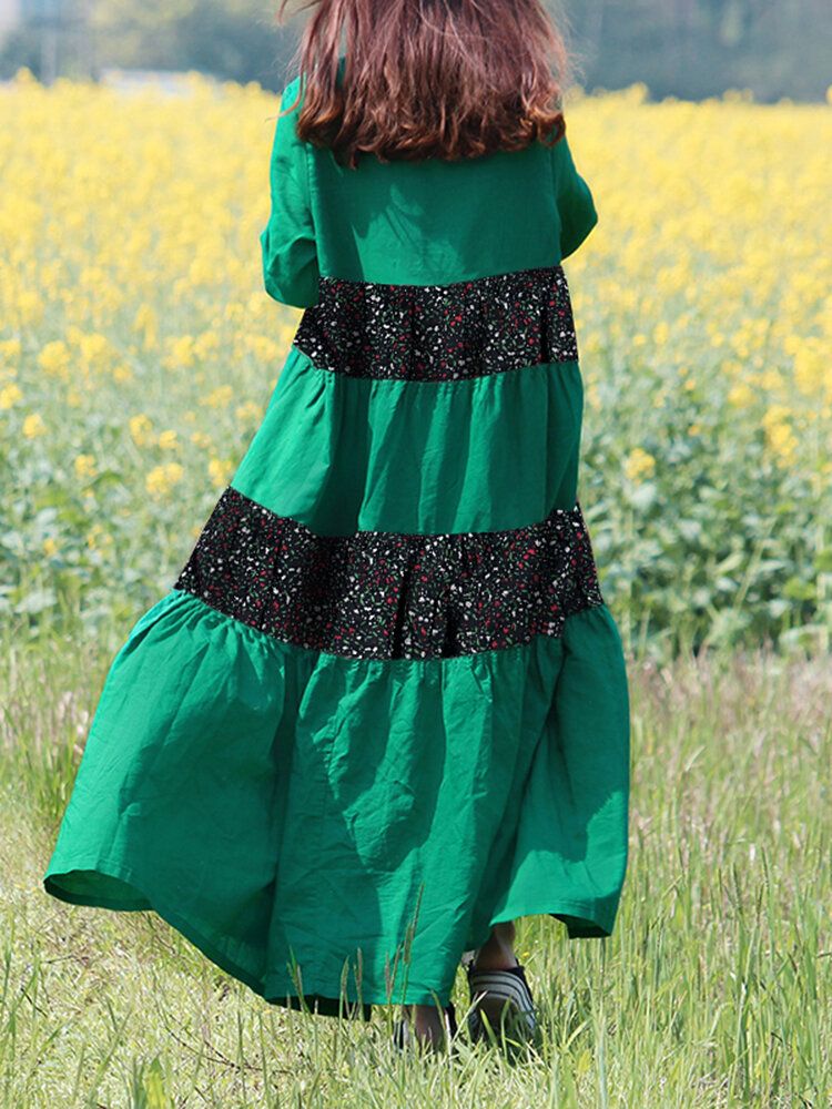 Vestido Maxi De Manga 3/4 Con Botones De Patchwork Y Estampado Vintage