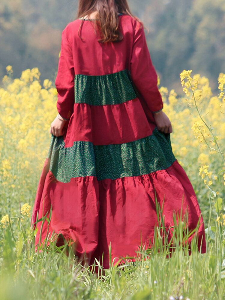 Vestido Maxi De Manga 3/4 Con Botones De Patchwork Y Estampado Vintage