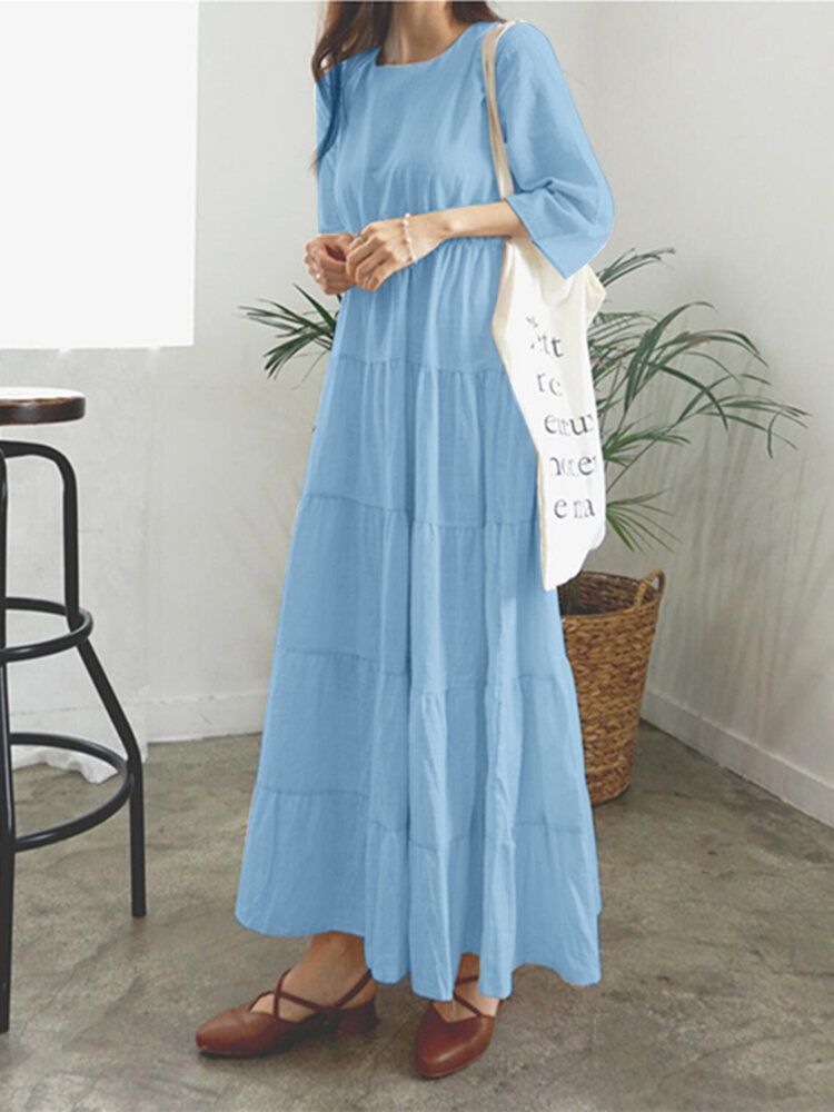 Vestido Maxi De Manga 3/4 Con Cintura Elástica En Capas Y Costuras Con Cuello En O Liso Para Mujer