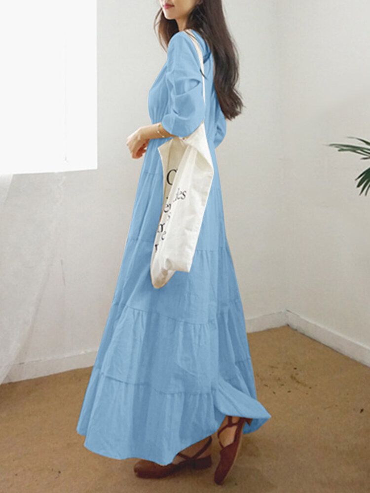 Vestido Maxi De Manga 3/4 Con Cintura Elástica En Capas Y Costuras Con Cuello En O Liso Para Mujer