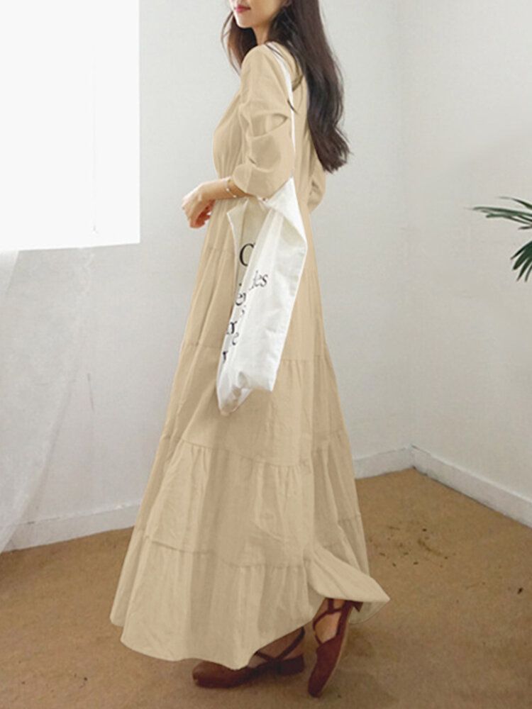 Vestido Maxi De Manga 3/4 Con Cintura Elástica En Capas Y Costuras Con Cuello En O Liso Para Mujer