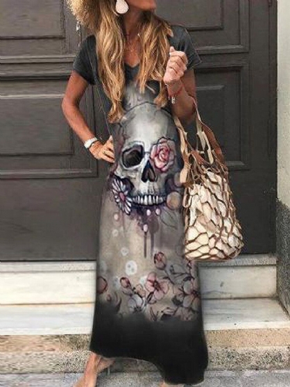 Vestido Maxi De Manga Corta Con Cuello En V Y Estampado De Calavera Informal