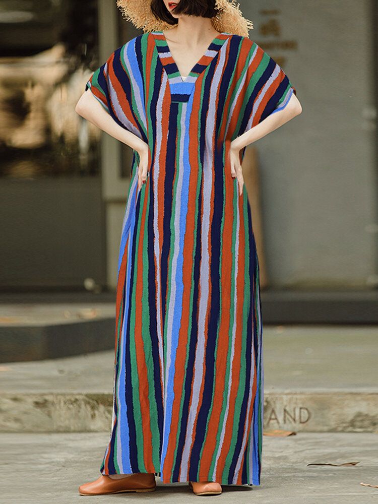 Vestido Maxi De Manga Corta Suelta Con Cuello En V A Rayas Con Bloques De Color Casual