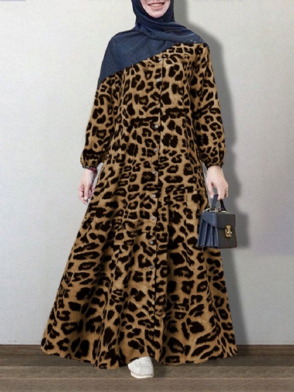 Vestido Maxi De Manga Larga Con Botones Y Estampado De Leopardo Para Mujer