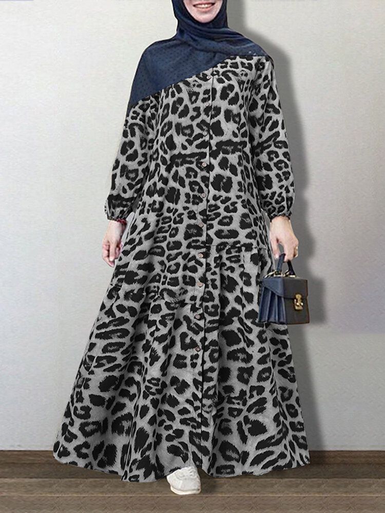 Vestido Maxi De Manga Larga Con Botones Y Estampado De Leopardo Para Mujer