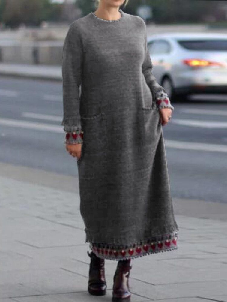 Vestido Maxi De Manga Larga Con Cuello Redondo Y Estampado De Patchwork Para Mujer Con Bolsillos