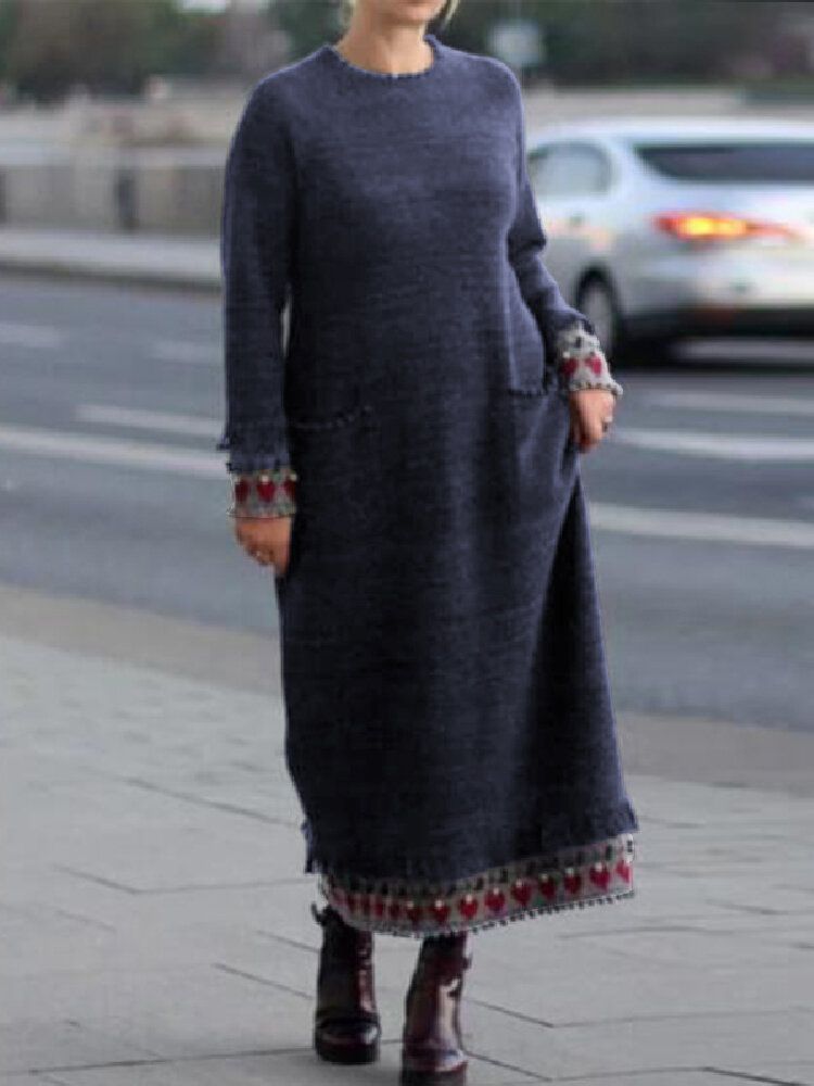 Vestido Maxi De Manga Larga Con Cuello Redondo Y Estampado De Patchwork Para Mujer Con Bolsillos