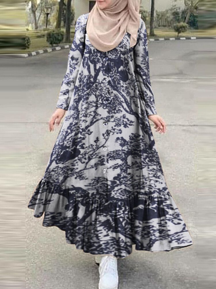 Vestido Maxi De Manga Larga Con Estampado Floral Y Volantes Con Dobladillo Estilo Retro