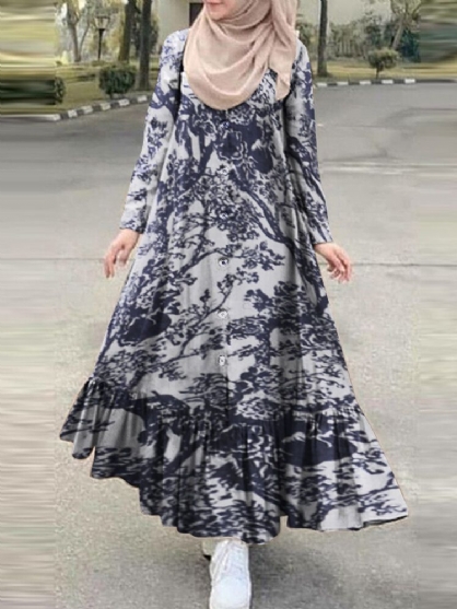 Vestido Maxi De Manga Larga Con Estampado Floral Y Volantes Con Dobladillo Estilo Retro