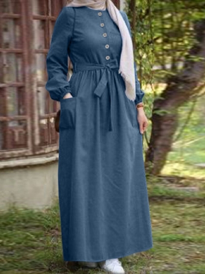 Vestido Maxi De Manga Larga Vintage Con Puño Elástico Con Cordones En La Parte Delantera Y Botones Lisos Con Bolsillo Para Mujer