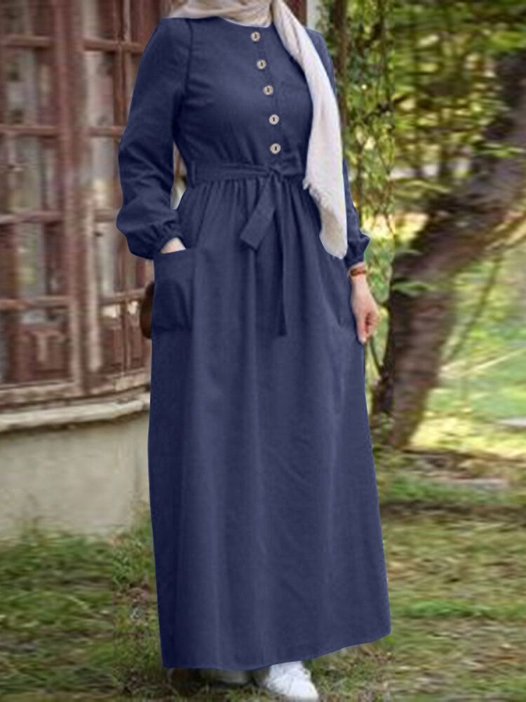 Vestido Maxi De Manga Larga Vintage Con Puño Elástico Con Cordones En La Parte Delantera Y Botones Lisos Con Bolsillo Para Mujer